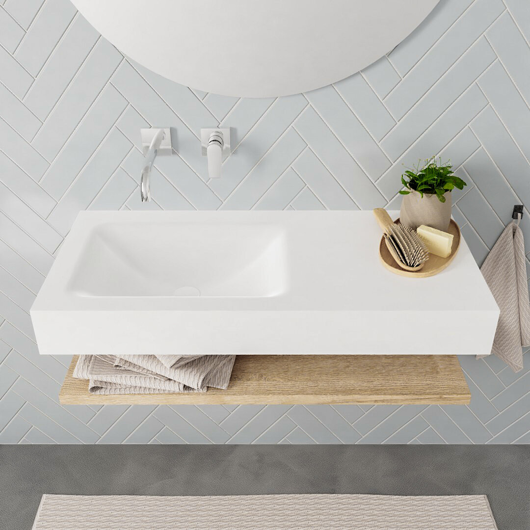 Mueble suspendido ALAN 100 cm de Sin cajones roble lavabo. Encimera con lavabo CLOUD izquierda sin orificio blanco mate - Imagen 8