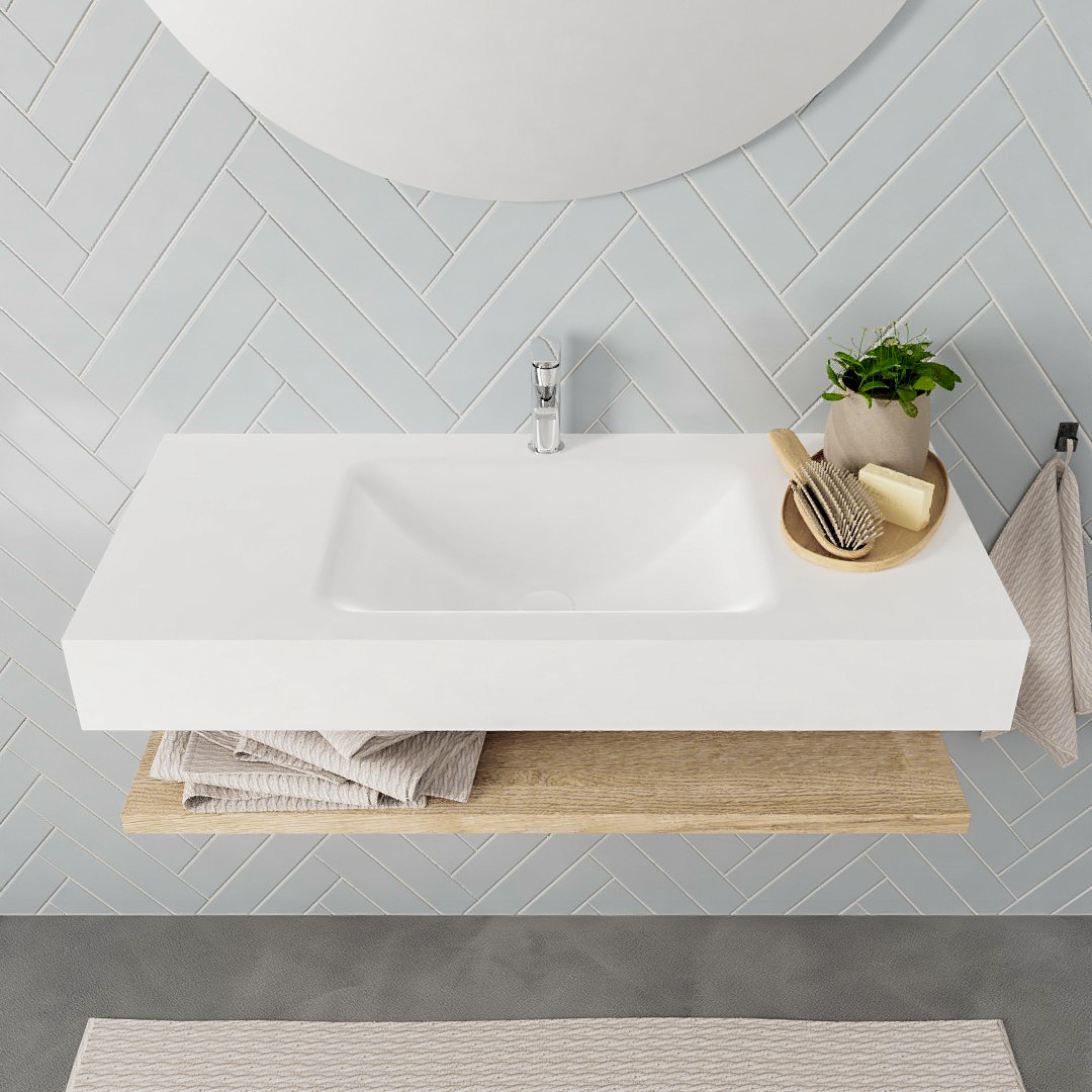 MONDIAZ ALAN 100cm estante Washed Oak. Lavabo suspendido Centro 1 orificio, color Talc. - Imagen 3