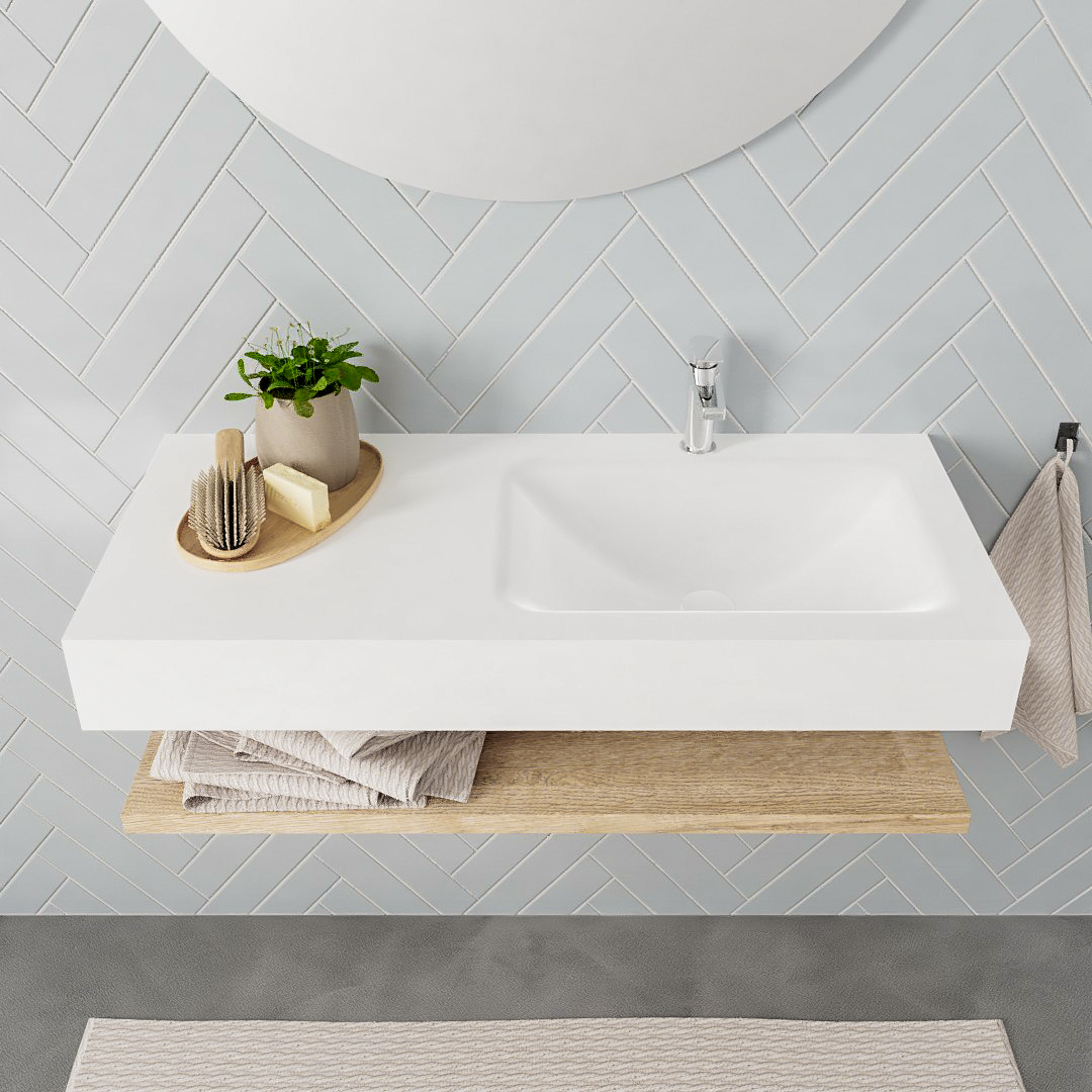 Mueble suspendido ALAN 100 cm de Sin cajones roble lavabo. Encimera con lavabo CLOUD derecha 1 orificio blanco mate - Imagen 8