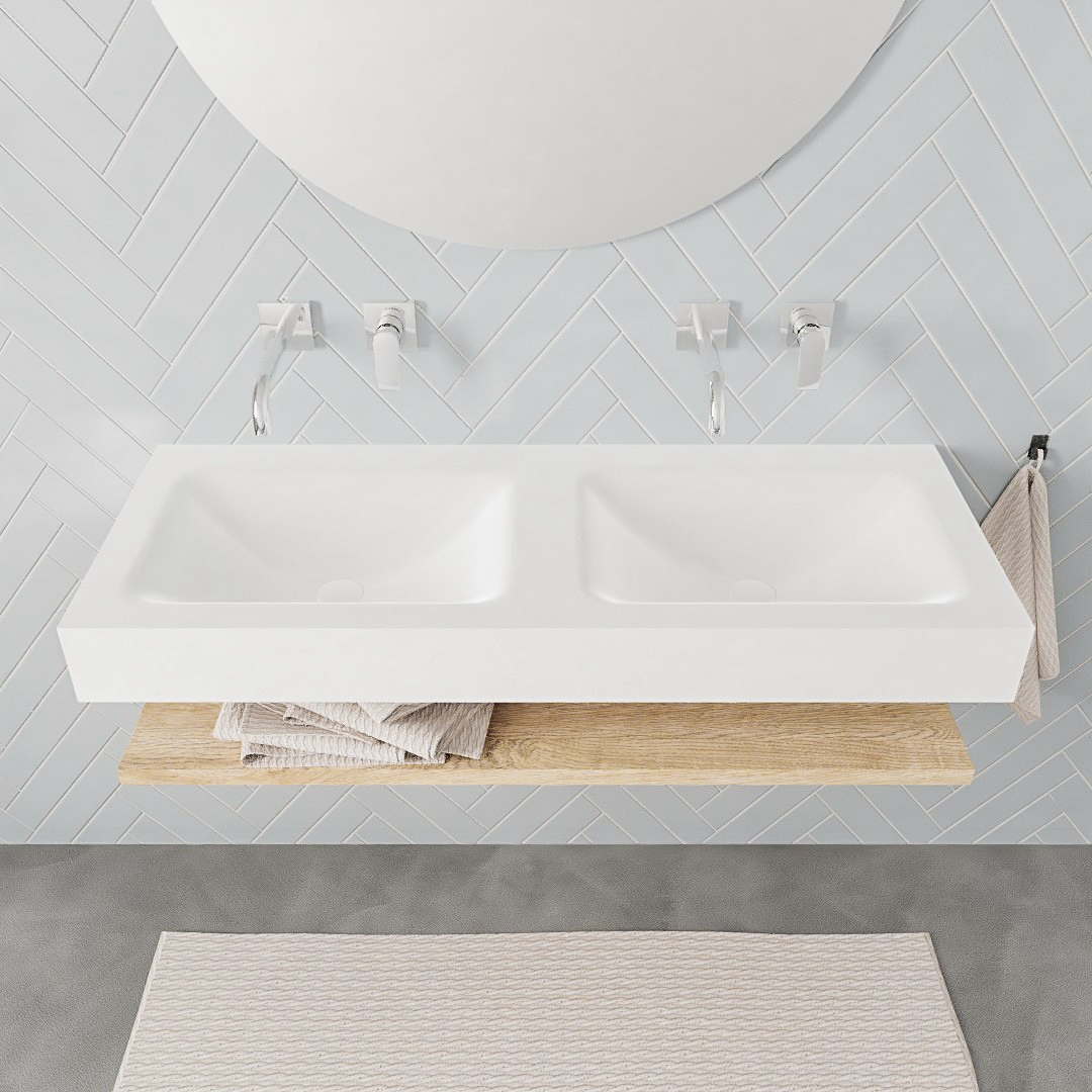Mueble suspendido ALAN 120 cm de Sin cajones roble lavabo. Encimera con lavabo CLOUD doble sin orificio blanco mate 8 Mueble suspendido ALAN 120 cm de Sin cajones roble lavabo. Encimera con lavabo CLOUD doble sin orificio blanco mate - Imagen 8