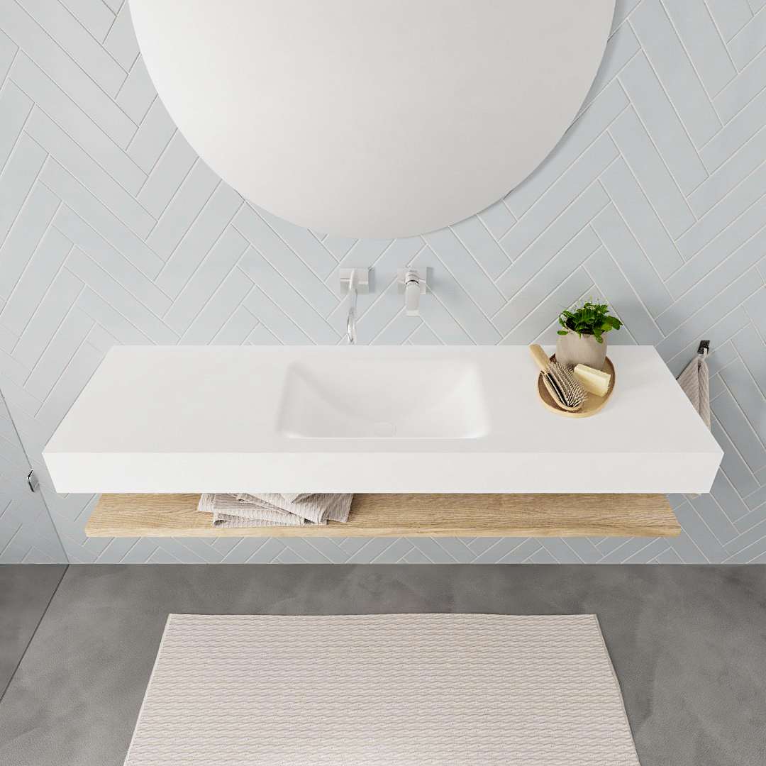 MONDIAZ ALAN 150cm estante Washed Oak. Lavabo suspendido Centro sin orificio, color Talc. - Imagen 3