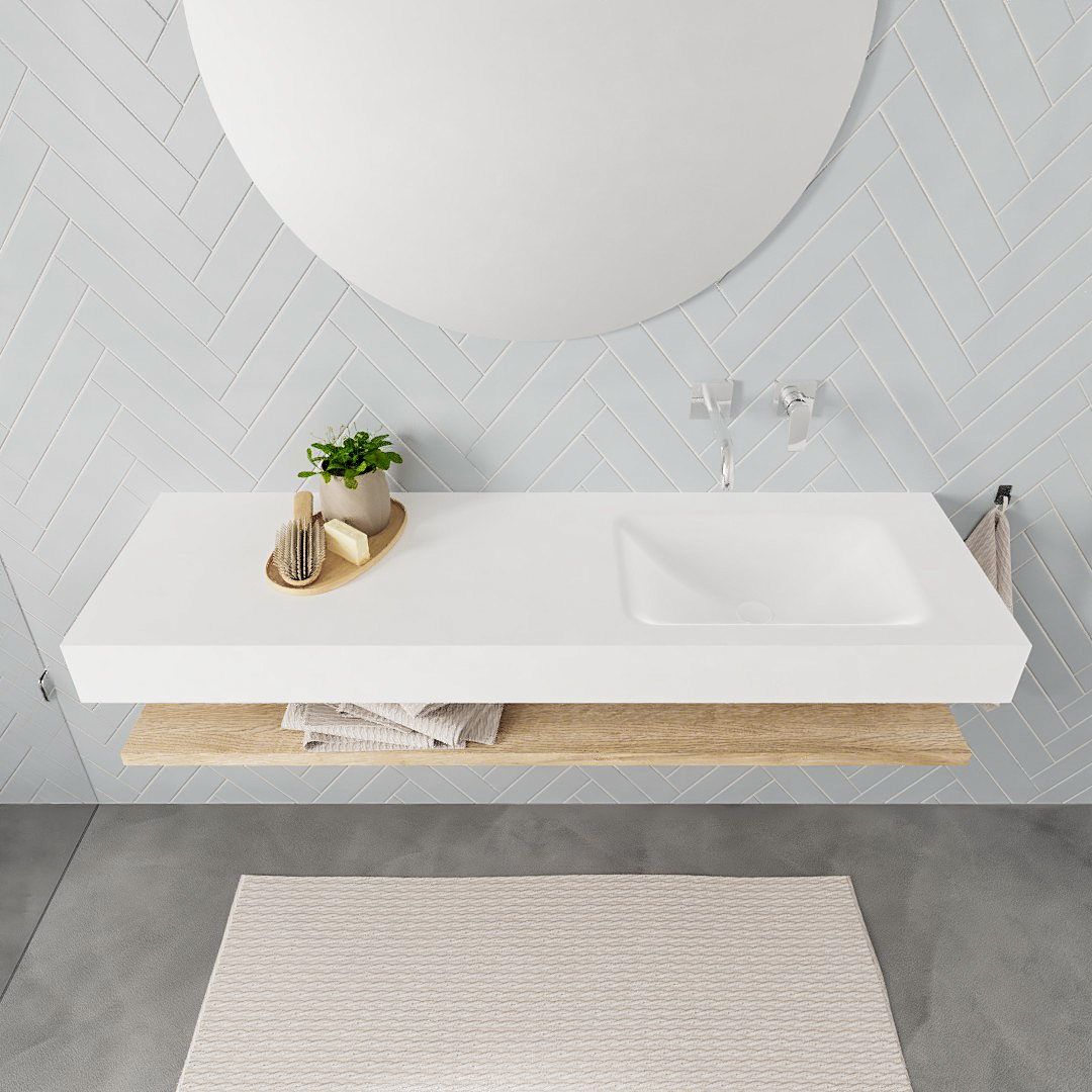 Mueble suspendido ALAN 150 cm de Sin cajones roble lavabo. Encimera con lavabo CLOUD derecha sin orificio blanco mate - Imagen 8