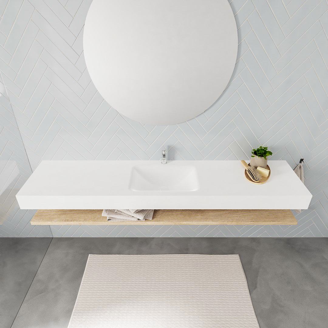 Mueble suspendido ALAN 200 cm de Sin cajones roble lavabo. Encimera con lavabo CLOUD centro 1 orificio blanco mate - Imagen 8