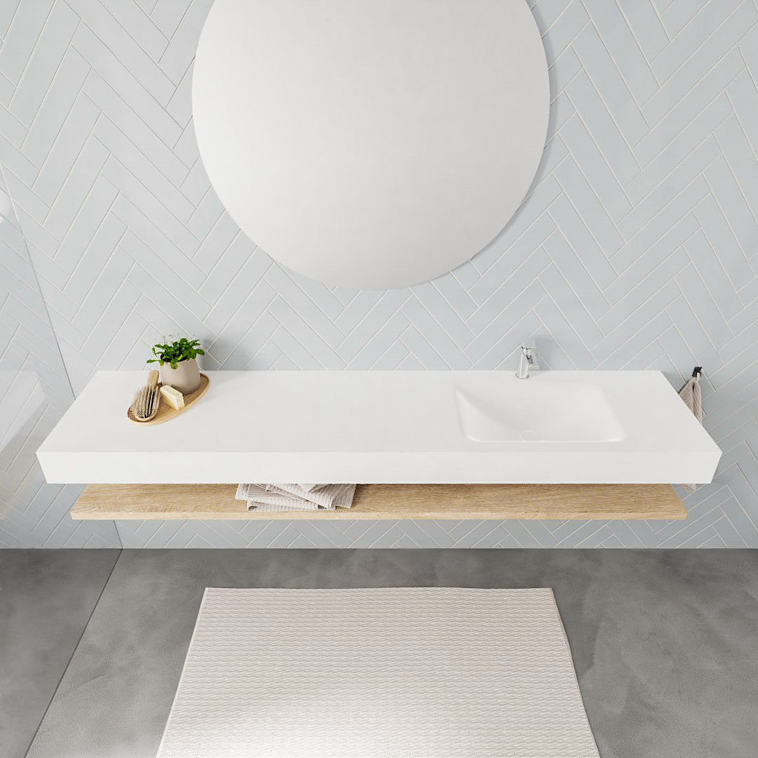 Mueble suspendido ALAN 200 cm de Sin cajones roble lavabo. Encimera con lavabo CLOUD derecha 1 orificio blanco mate - Imagen 8