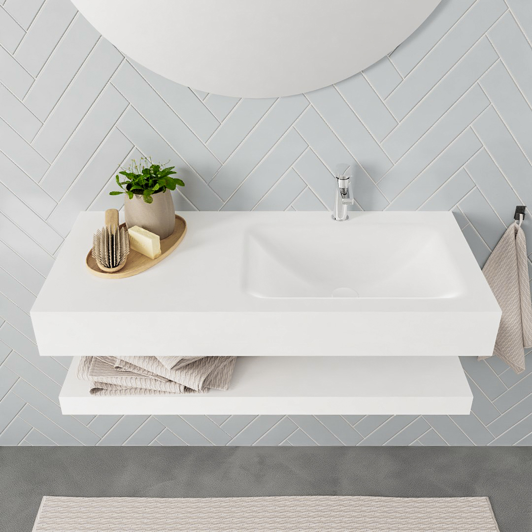 Mueble suspendido ALAN 100 cm de Sin cajones blanco mate. Encimera con lavabo CLOUD derecha 1 orificio blanco mate - Imagen 8