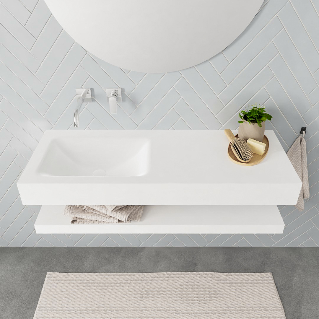 MONDIAZ ALAN 120cm solid surface estante Talc. Lavabo suspendido Izquierda sin orificio, color Talc. - Imagen 3