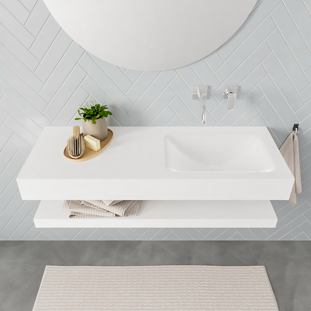 MONDIAZ ALAN 120cm solid surface estante Talc. Lavabo suspendido Derecho sin orificio, color Talc. - Imagen 3