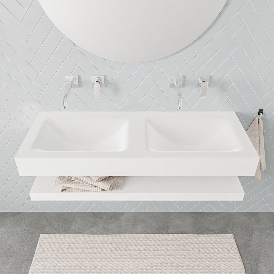 Mueble suspendido ALAN 120 cm de Sin cajones blanco mate. Encimera con lavabo CLOUD doble sin orificio blanco mate 8 Mueble suspendido ALAN 120 cm de Sin cajones blanco mate. Encimera con lavabo CLOUD doble sin orificio blanco mate - Imagen 8