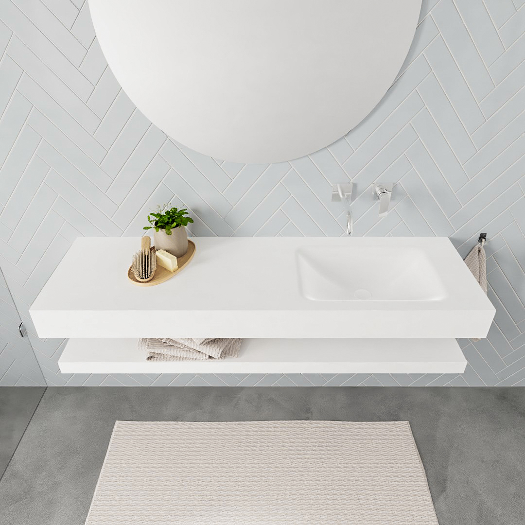 Mueble suspendido ALAN 150 cm de Sin cajones blanco mate. Encimera con lavabo CLOUD derecha sin orificio blanco mate - Imagen 8