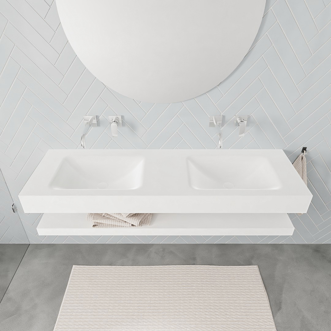 Mueble suspendido ALAN 150 cm de Sin cajones blanco mate. Encimera con lavabo CLOUD doble sin orificio blanco mate - Imagen 8