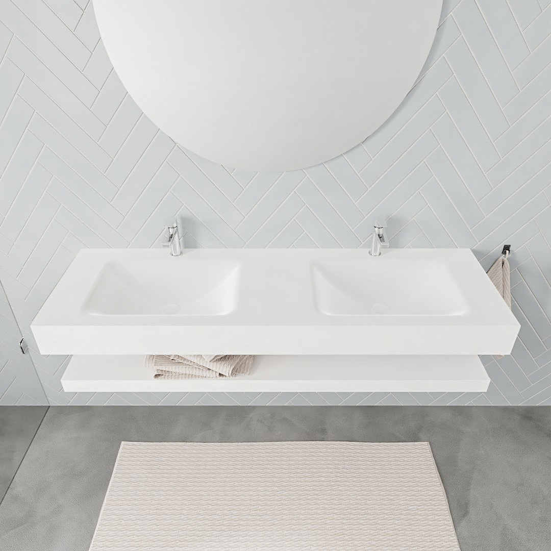 Mueble suspendido ALAN 150 cm de Sin cajones blanco mate. Encimera con lavabo CLOUD doble 2 orificios blanco mate - Imagen 8