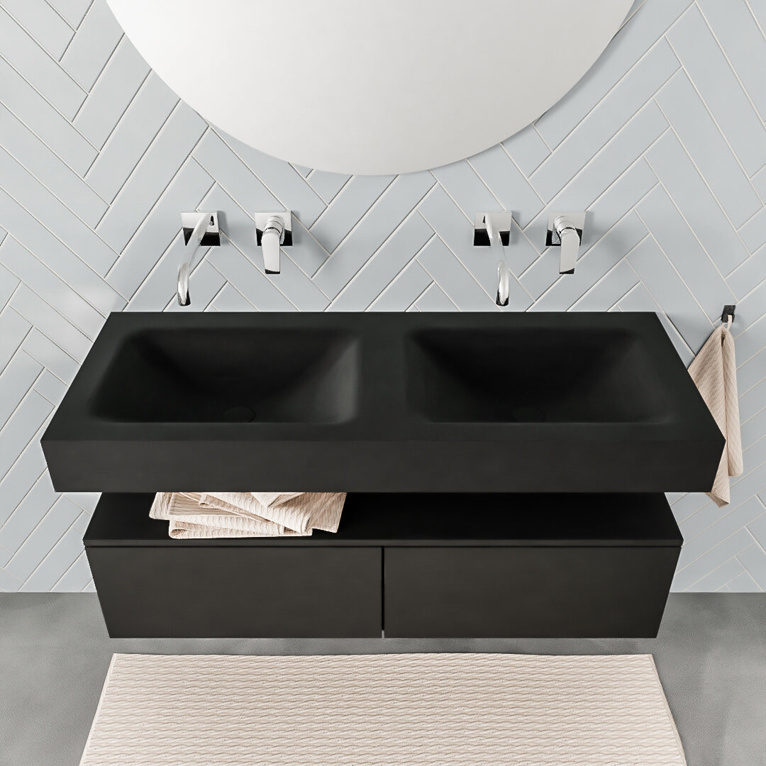 Mueble suspendido ALAN 120 cm de 2 cajones urban. Encimera con lavabo CLOUD doble sin orificio urban - Imagen 8