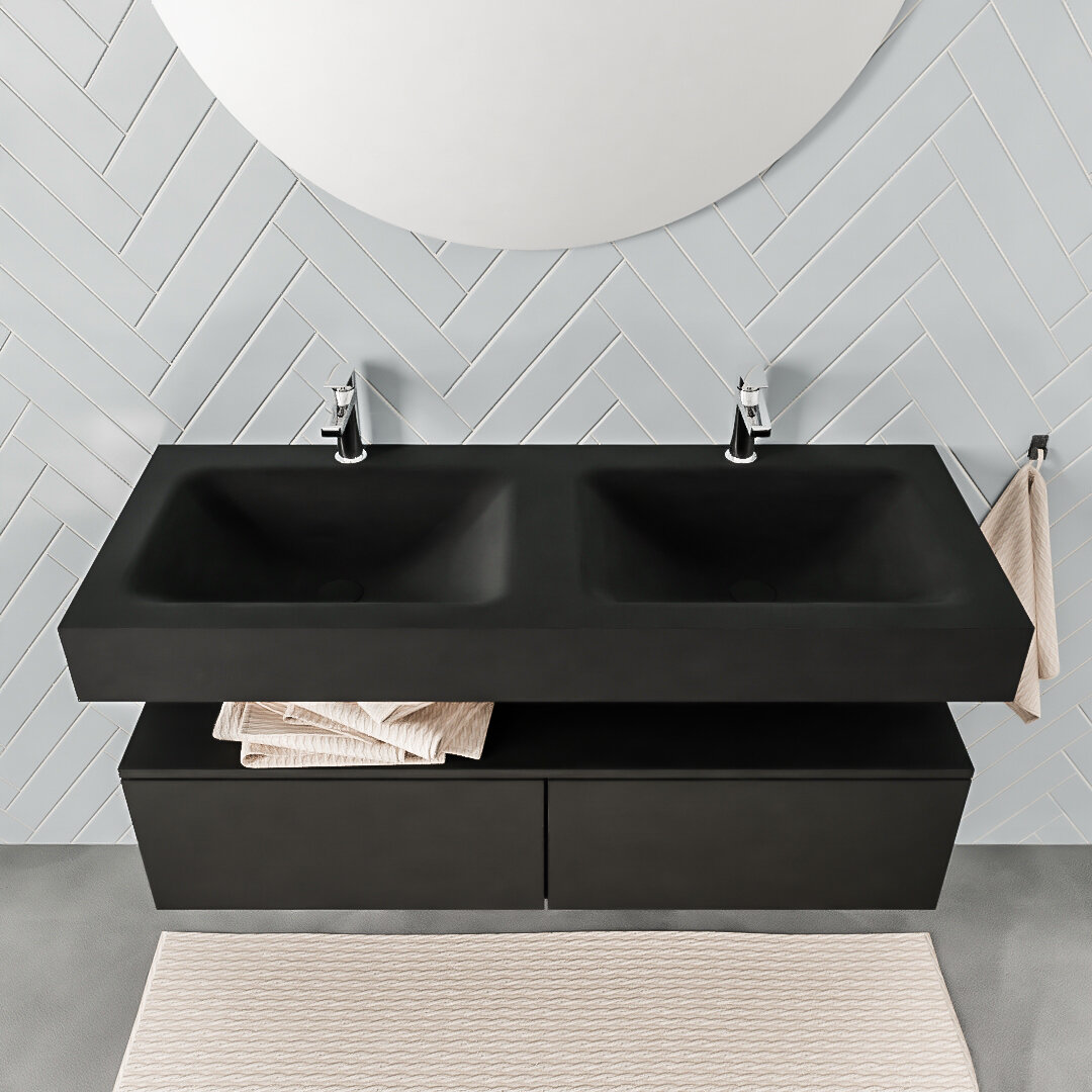 Mueble suspendido ALAN 120 cm de 2 cajones urban. Encimera con lavabo CLOUD doble 2 orificios urban - Imagen 8