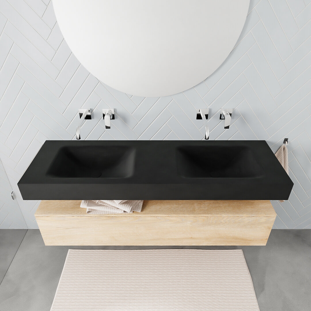 Mueble suspendido ALAN 150 cm de 1 cajón roble lavabo. Encimera con lavabo CLOUD doble sin orificio urban - Imagen 8