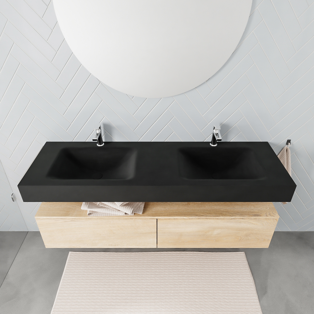 Mueble suspendido ALAN 150 cm de 2 cajones roble lavabo. Encimera con lavabo CLOUD doble 2 orificios urban - Imagen 7