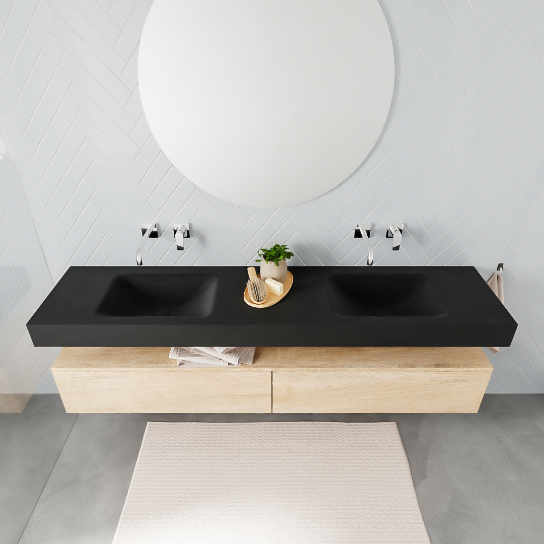 Mueble suspendido ALAN 200 cm de 2 cajones roble lavabo. Encimera con lavabo CLOUD doble sin orificio urban - Imagen 7