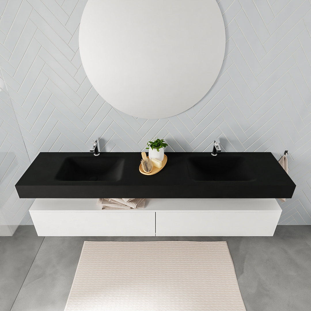 Mueble suspendido ALAN 200 cm de 2 cajones blanco mate. Encimera con lavabo CLOUD doble 2 orificios urban - Imagen 7