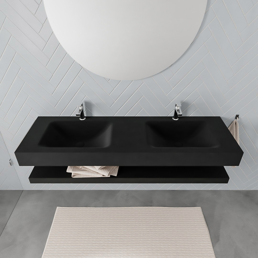MONDIAZ ALAN 150cm solid surface estante Urban. Lavabo suspendido Doble 2 orificios, color Urban. 3 MONDIAZ ALAN 150cm solid surface estante Urban. Lavabo suspendido Doble 2 orificios, color Urban. - Imagen 3