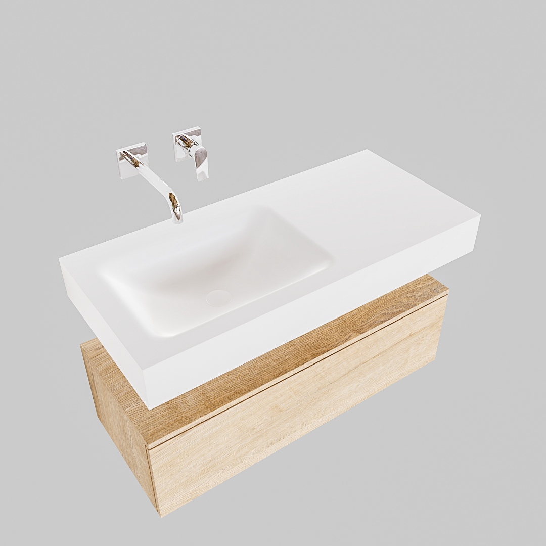 Mueble suspendido ALAN 100 cm de 1 cajón roble lavabo. Encimera con lavabo CLOUD izquierda sin orificio blanco mate - Imagen 8