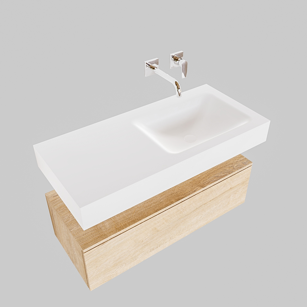 Mueble suspendido ALAN 100 cm de 1 cajón roble lavabo. Encimera con lavabo CLOUD derecha sin orificio blanco mate - Imagen 8