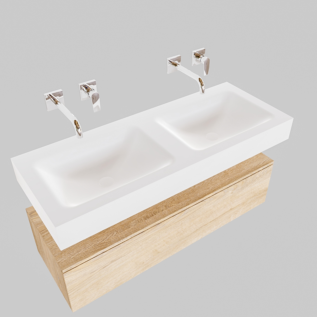 Mueble suspendido ALAN 120 cm de 1 cajón roble lavabo. Encimera con lavabo CLOUD doble sin orificio blanco mate 8 Mueble suspendido ALAN 120 cm de 1 cajón roble lavabo. Encimera con lavabo CLOUD doble sin orificio blanco mate - Imagen 8