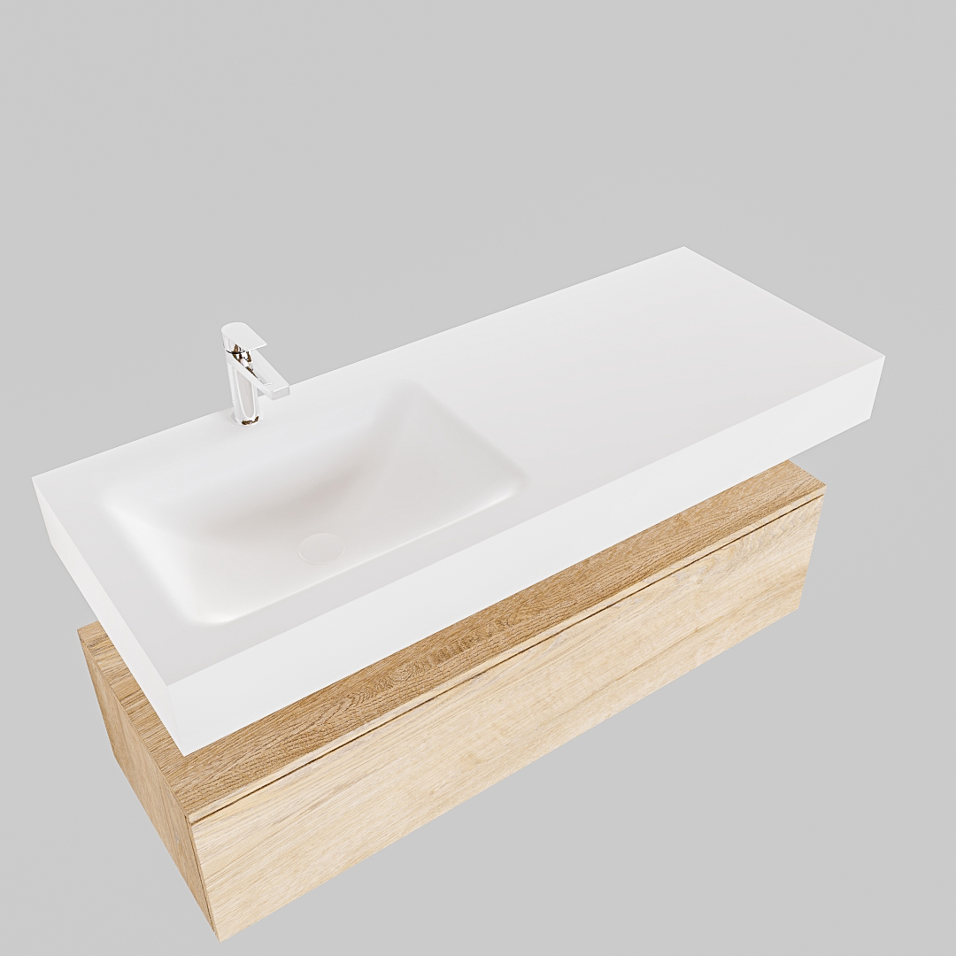 Mueble suspendido ALAN 120 cm de 1 cajón roble lavabo. Encimera con lavabo CLOUD izquierda 1 orificio blanco mate - Imagen 8