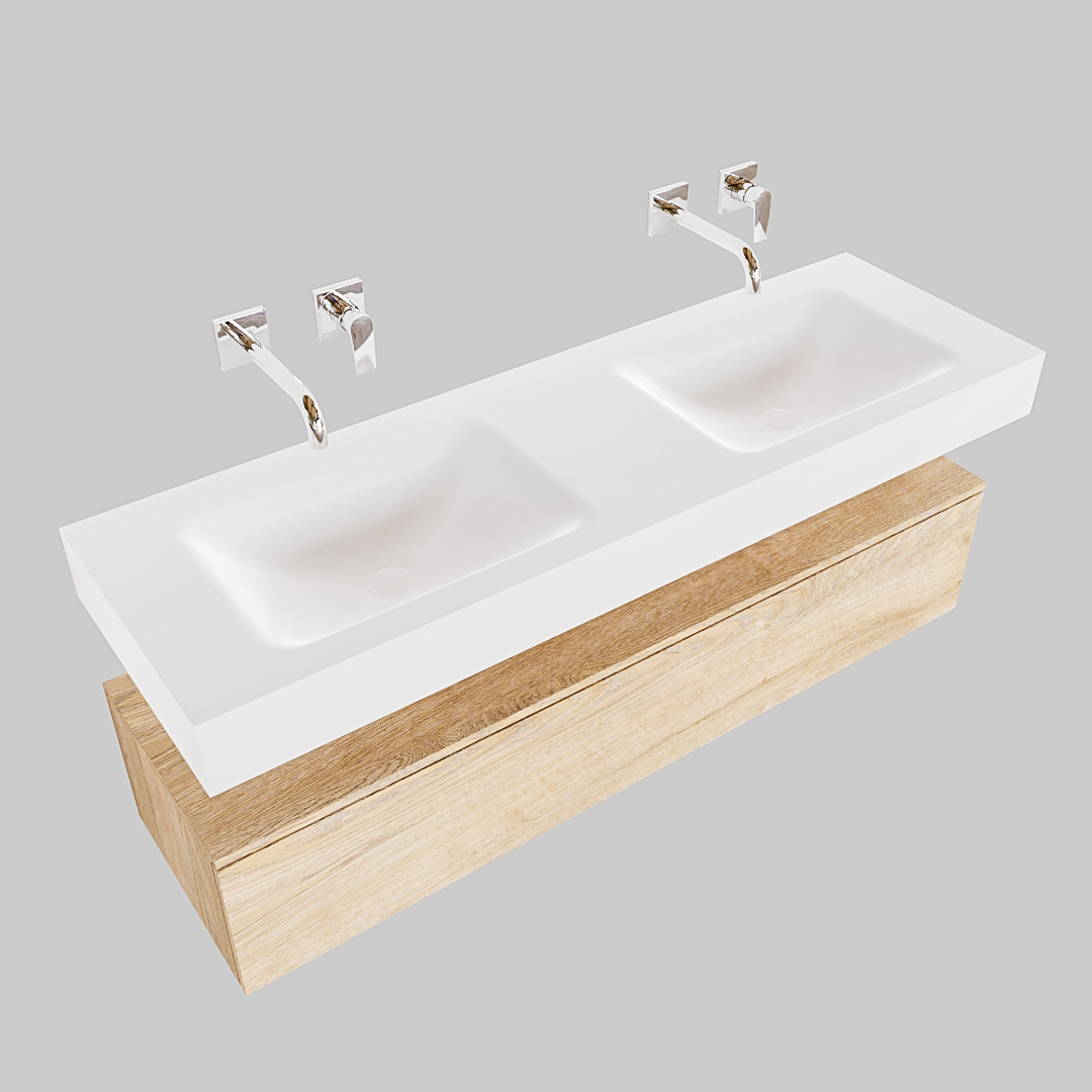 Mueble suspendido ALAN 150 cm de 1 cajón roble lavabo. Encimera con lavabo CLOUD doble sin orificio blanco mate - Imagen 8
