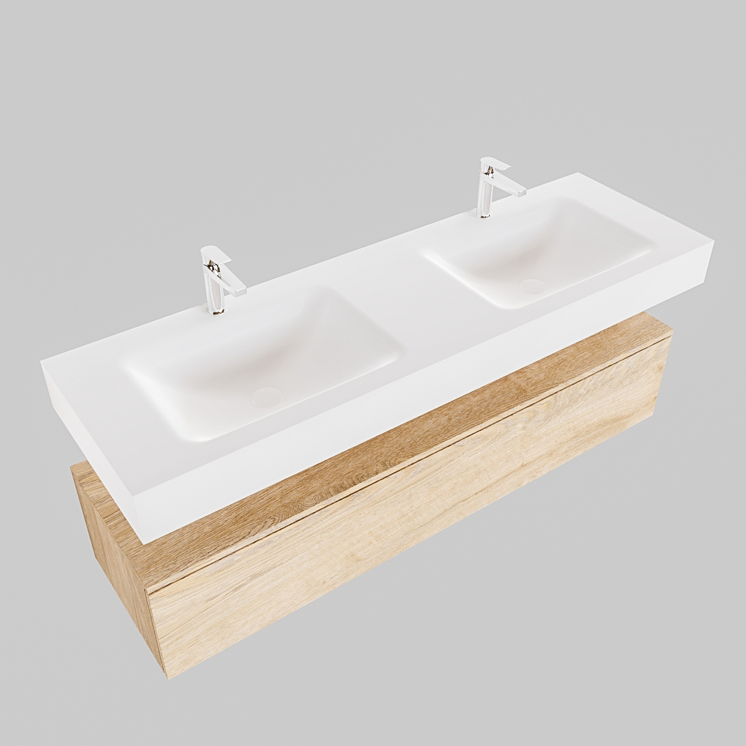 Mueble suspendido ALAN 150 cm de 1 cajón roble lavabo. Encimera con lavabo CLOUD doble 2 orificios blanco mate - Imagen 8