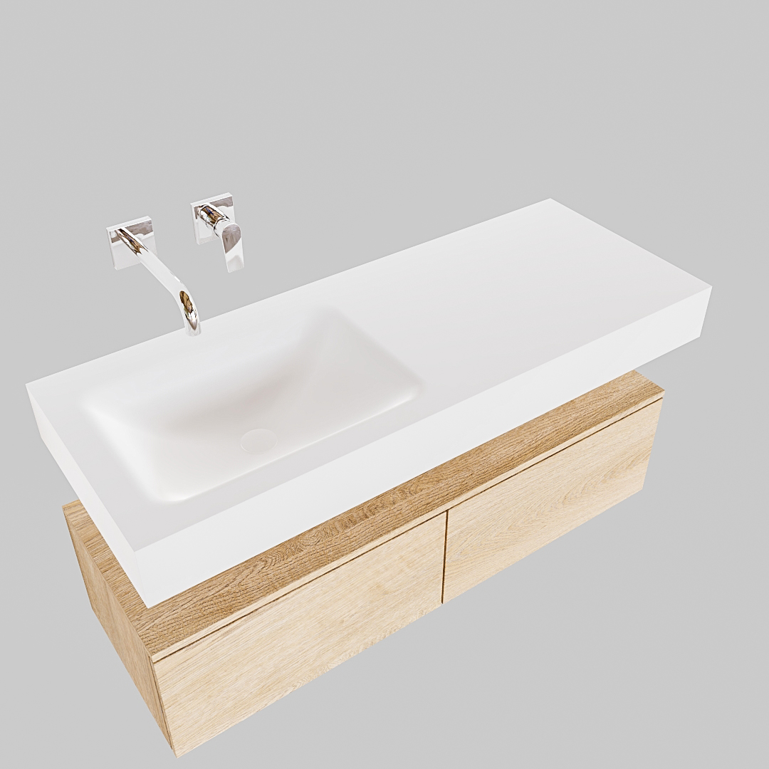 Mueble suspendido ALAN 120 cm de 2 cajones roble lavabo. Encimera con lavabo CLOUD izquierda sin orificio blanco mate - Imagen 8