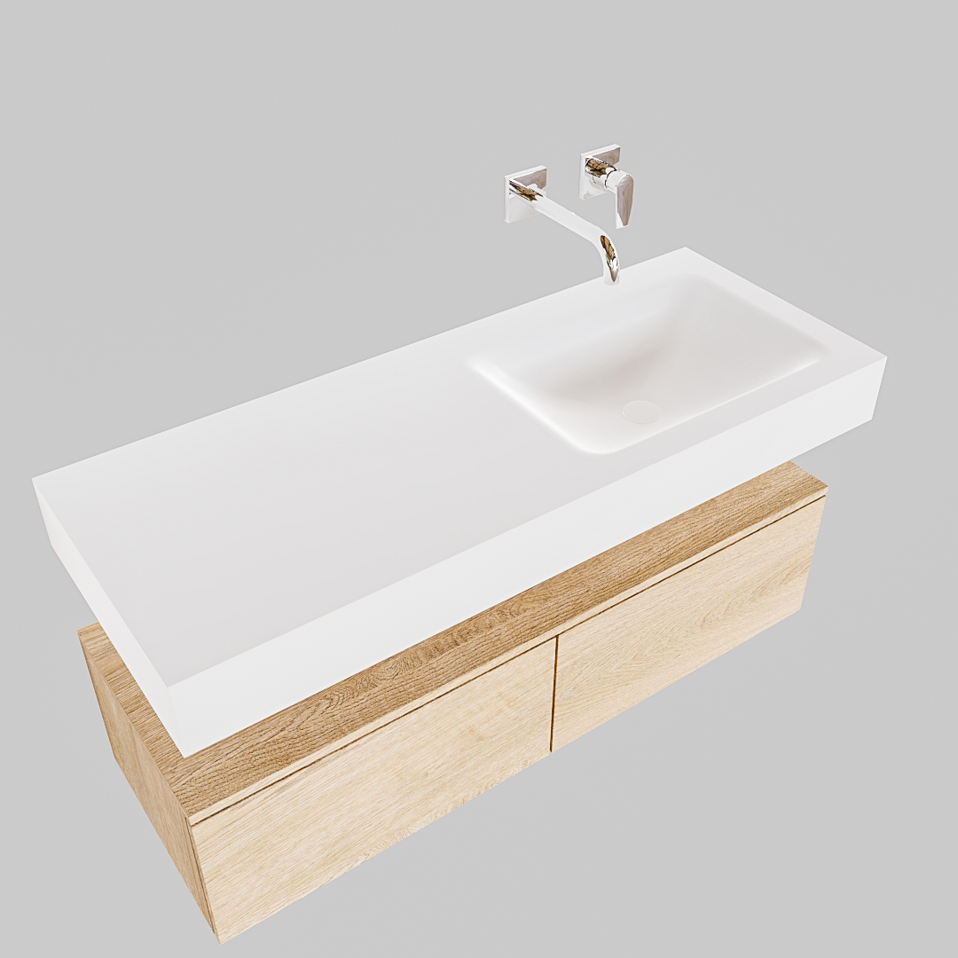Mueble suspendido ALAN 120 cm de 2 cajones roble lavabo. Encimera con lavabo CLOUD derecha sin orificio blanco mate - Imagen 8