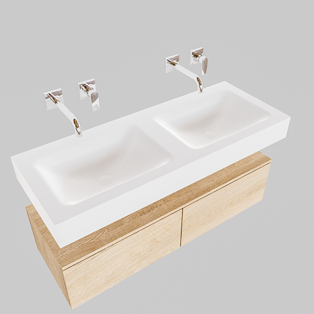 Mueble suspendido ALAN 120 cm de 2 cajones roble lavabo. Encimera con lavabo CLOUD doble sin orificio blanco mate - Imagen 8