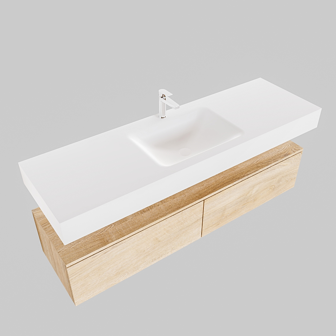 Mueble suspendido ALAN 150 cm de 2 cajones roble lavabo. Encimera con lavabo CLOUD centro 1 orificio blanco mate - Imagen 8