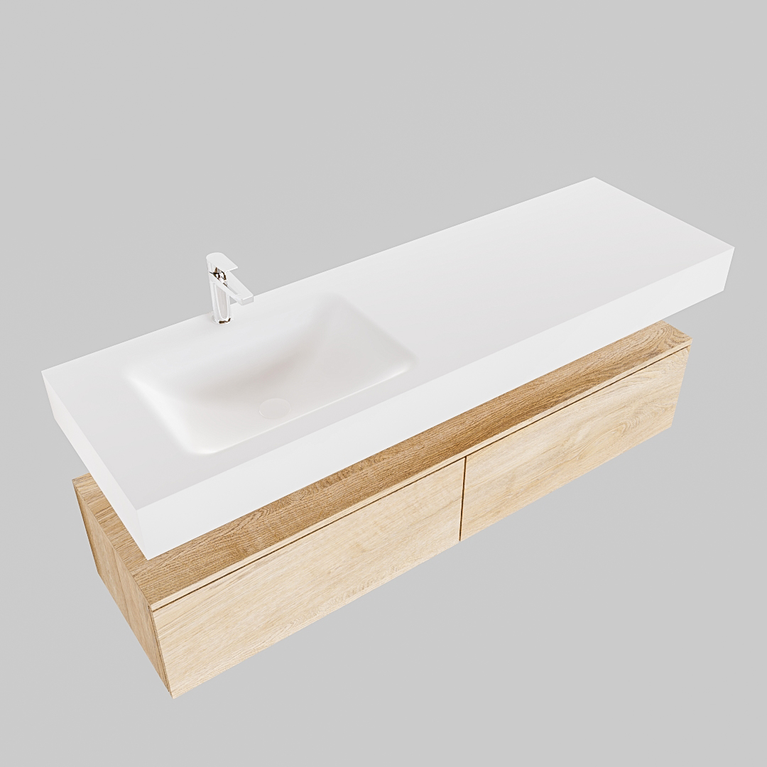 Mueble suspendido ALAN 150 cm de 2 cajones roble lavabo. Encimera con lavabo CLOUD izquierda 1 orificio blanco mate - Imagen 8