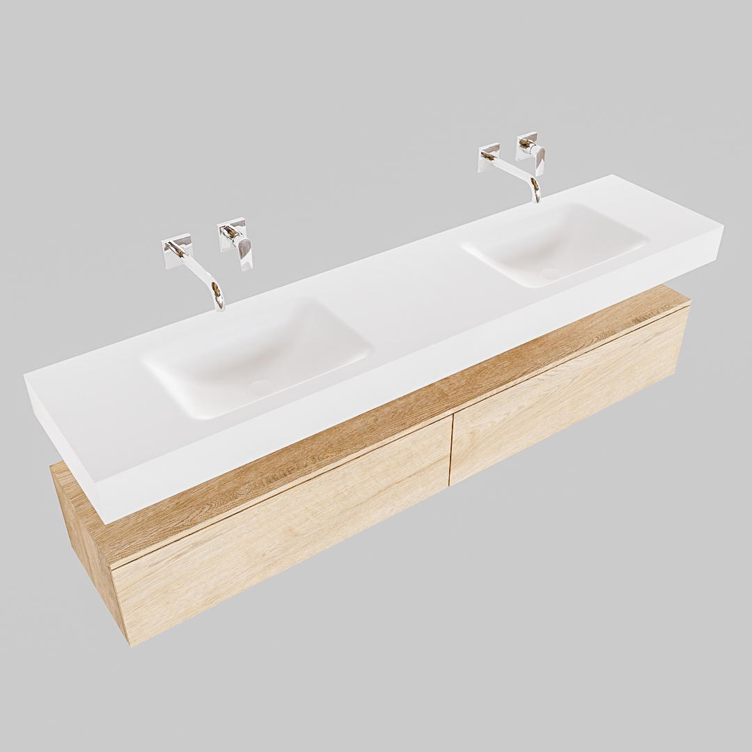 Mueble suspendido ALAN 200 cm de 2 cajones roble lavabo. Encimera con lavabo CLOUD doble sin orificio blanco mate - Imagen 8