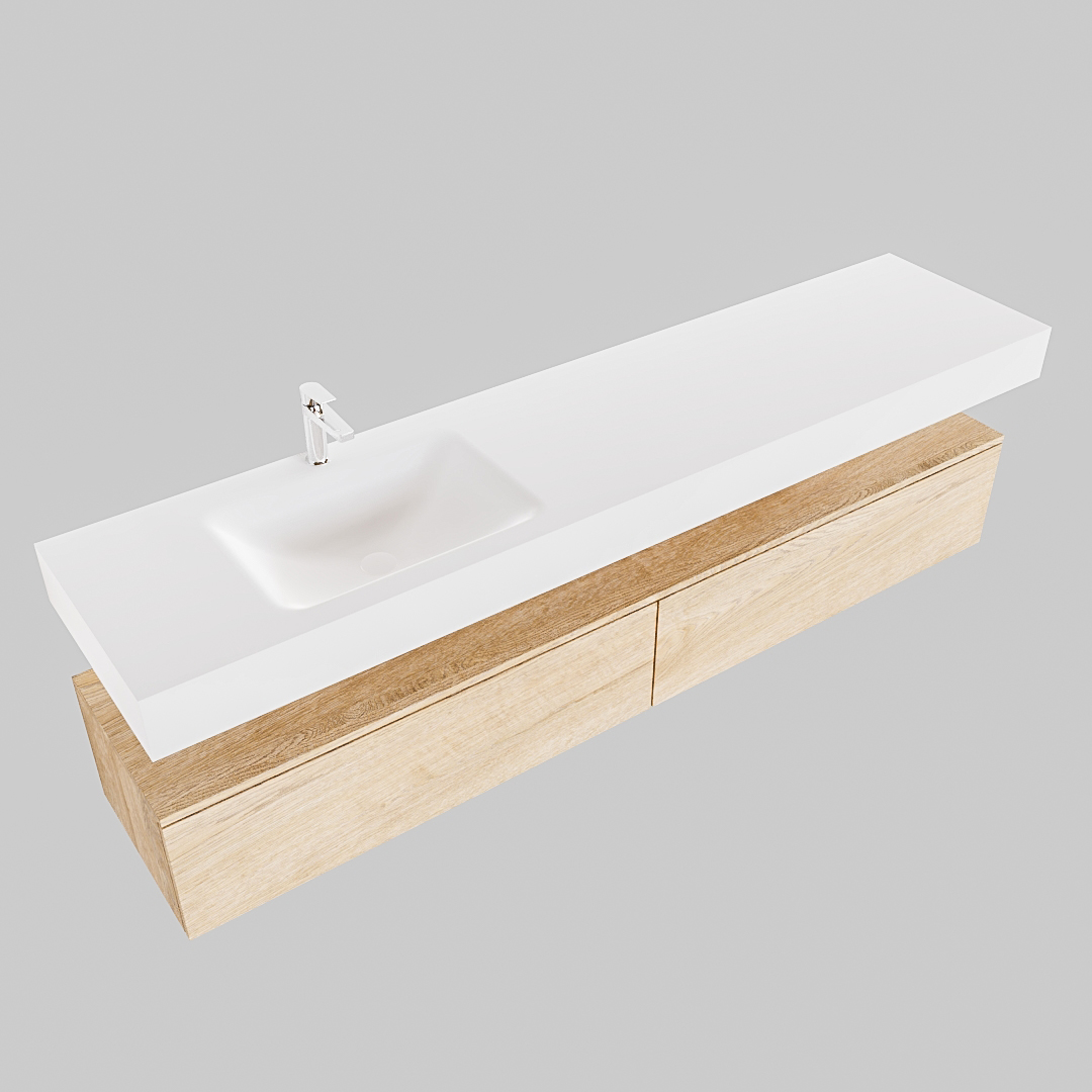 Mueble suspendido ALAN 200 cm de 2 cajones roble lavabo. Encimera con lavabo CLOUD izquierda 1 orificio blanco mate - Imagen 8