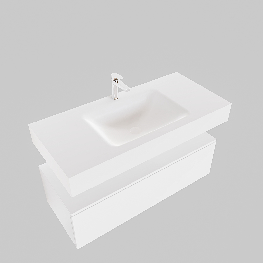 Mueble suspendido ALAN 100 cm de 1 cajón blanco mate. Encimera con lavabo CLOUD centro 1 orificio blanco mate - Imagen 9