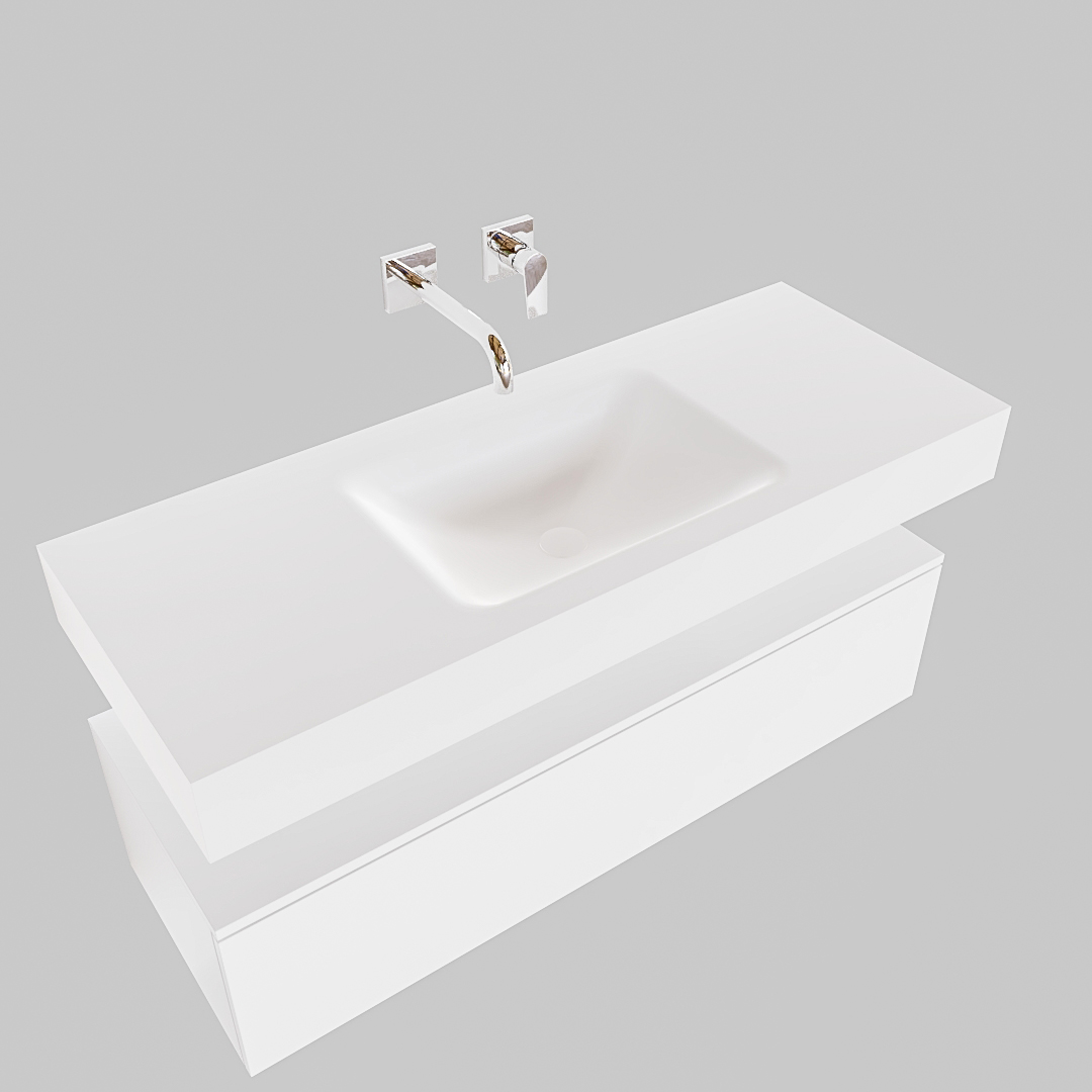 Mueble suspendido ALAN 120 cm de 1 cajón blanco mate. Encimera con lavabo CLOUD centro sin orificio blanco mate - Imagen 9