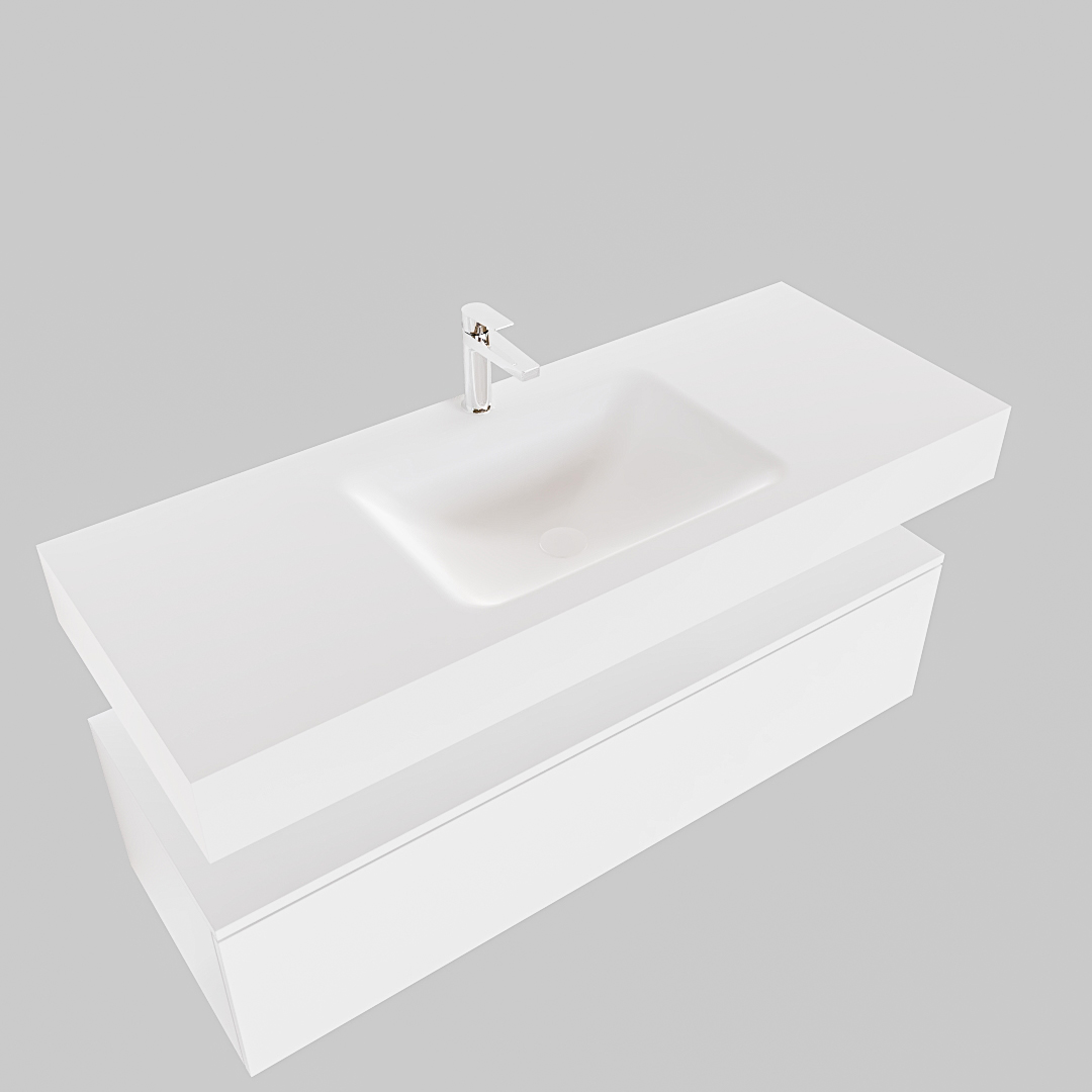 Mueble suspendido ALAN 120 cm de 1 cajón blanco mate. Encimera con lavabo CLOUD centro 1 orificio blanco mate - Imagen 9