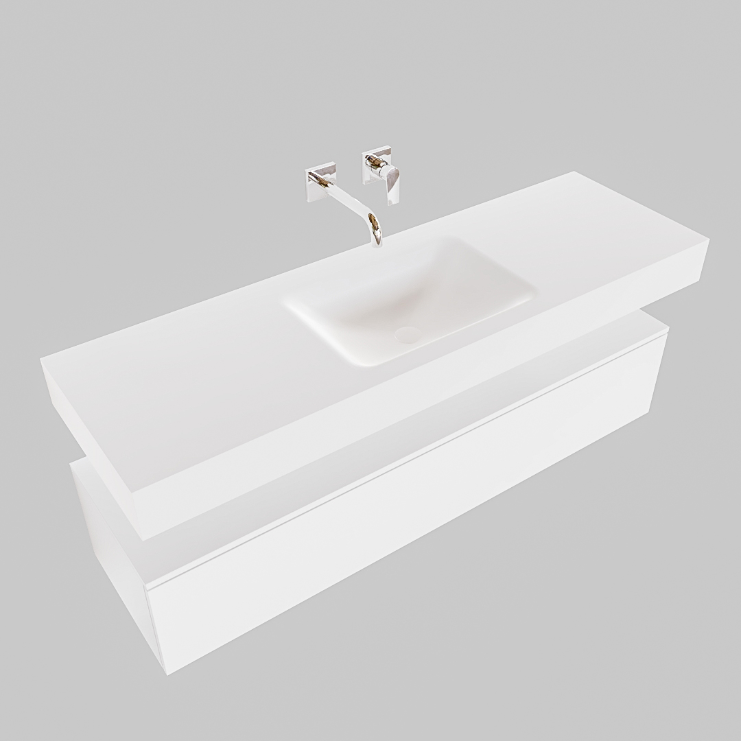 Mueble suspendido ALAN 150 cm de 1 cajón blanco mate. Encimera con lavabo CLOUD centro sin orificio blanco mate - Imagen 9