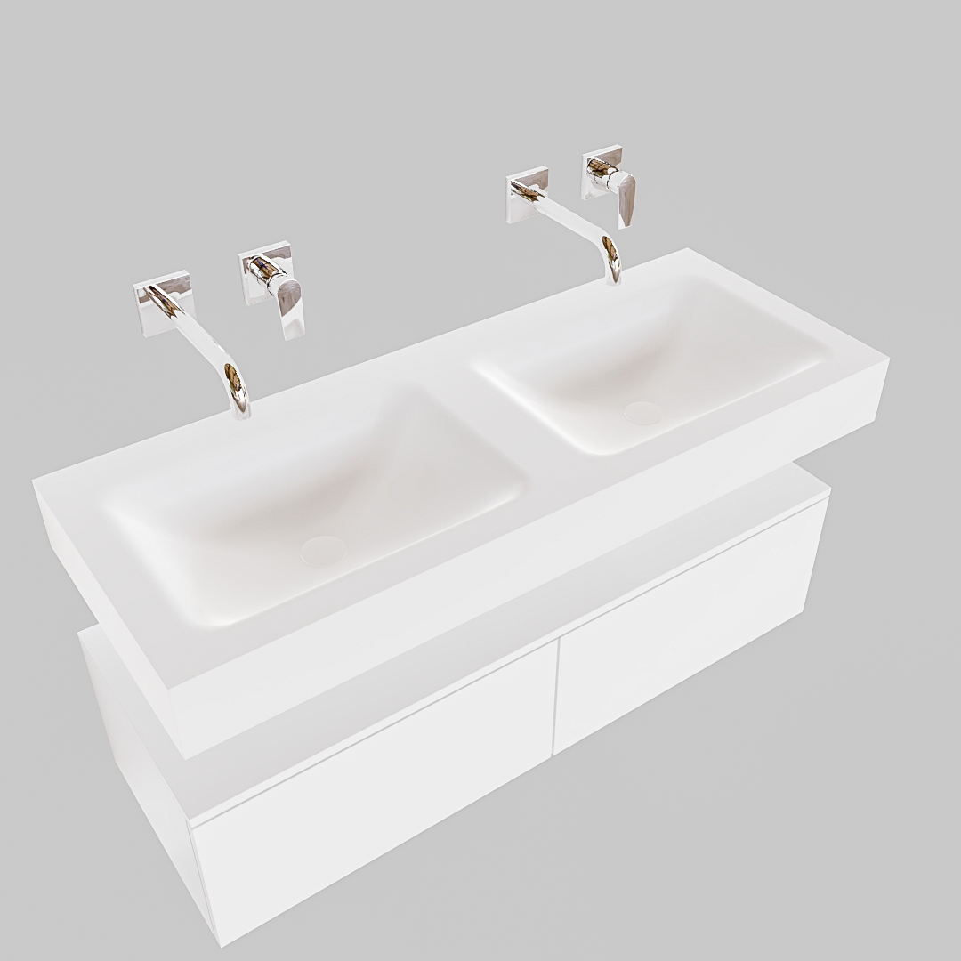 Mueble suspendido ALAN 120 cm de 2 cajones blanco mate. Encimera con lavabo CLOUD doble sin orificio blanco mate 9 Mueble suspendido ALAN 120 cm de 2 cajones blanco mate. Encimera con lavabo CLOUD doble sin orificio blanco mate - Imagen 9