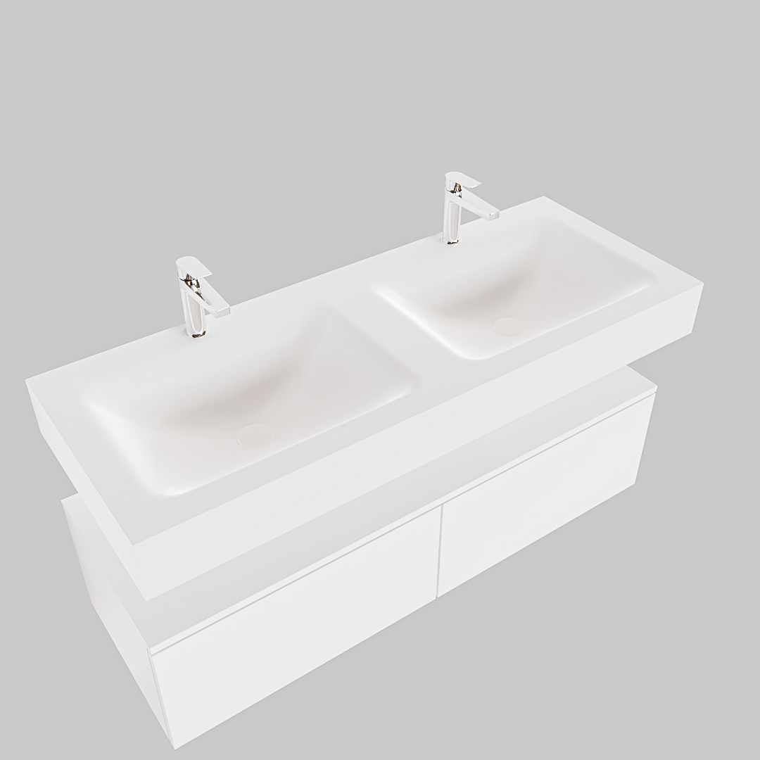 Mueble suspendido ALAN 120 cm de 2 cajones blanco mate. Encimera con lavabo CLOUD doble 2 orificios blanco mate - Imagen 9