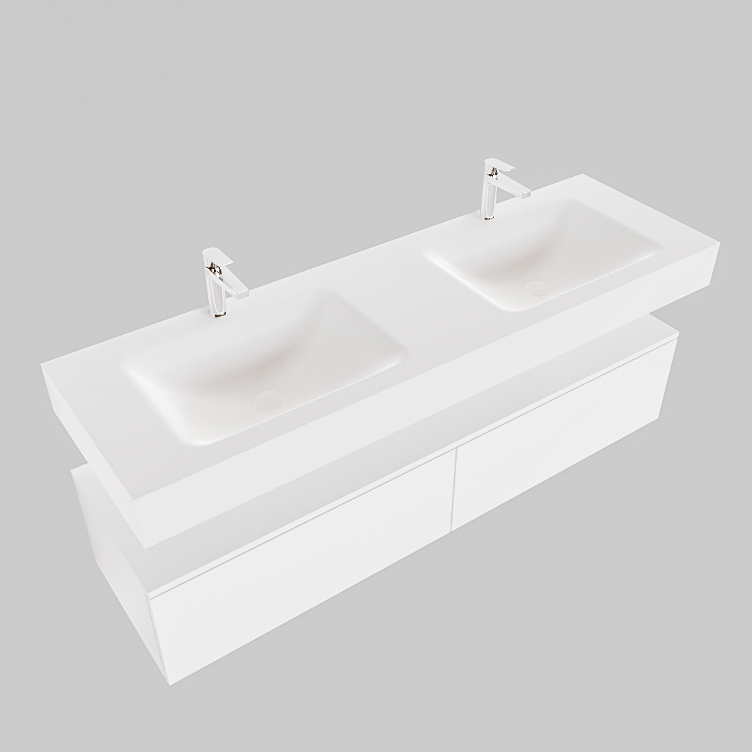 Mueble suspendido ALAN 150 cm de 2 cajones blanco mate. Encimera con lavabo CLOUD doble 2 orificios blanco mate - Imagen 9