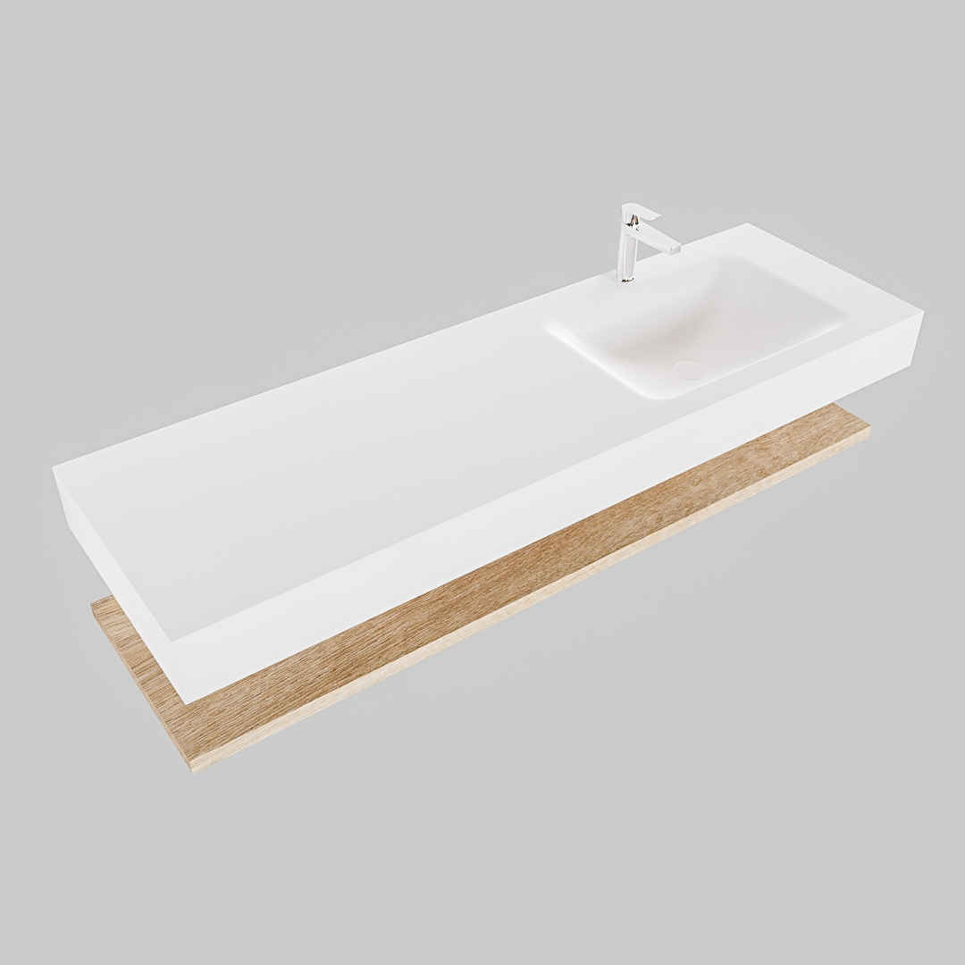 Mueble suspendido ALAN 150 cm de Sin cajones roble lavabo. Encimera con lavabo CLOUD derecha 1 orificio blanco mate - Imagen 9