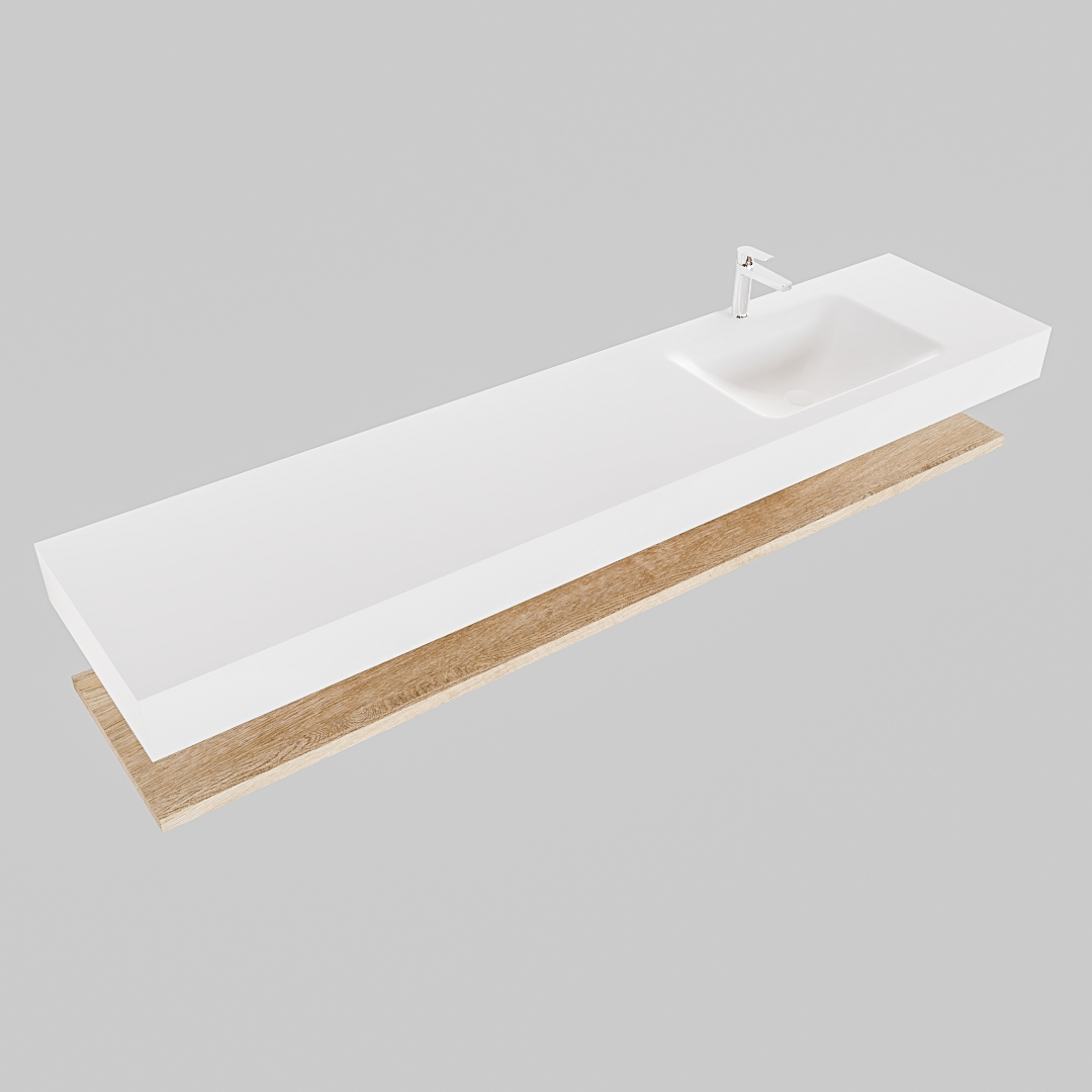 Mueble suspendido ALAN 200 cm de Sin cajones roble lavabo. Encimera con lavabo CLOUD derecha 1 orificio blanco mate - Imagen 9