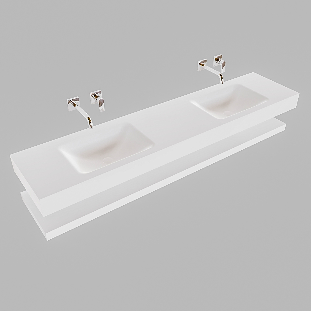 Mueble suspendido ALAN 200 cm de Sin cajones blanco mate. Encimera con lavabo CLOUD doble sin orificio blanco mate - Imagen 9