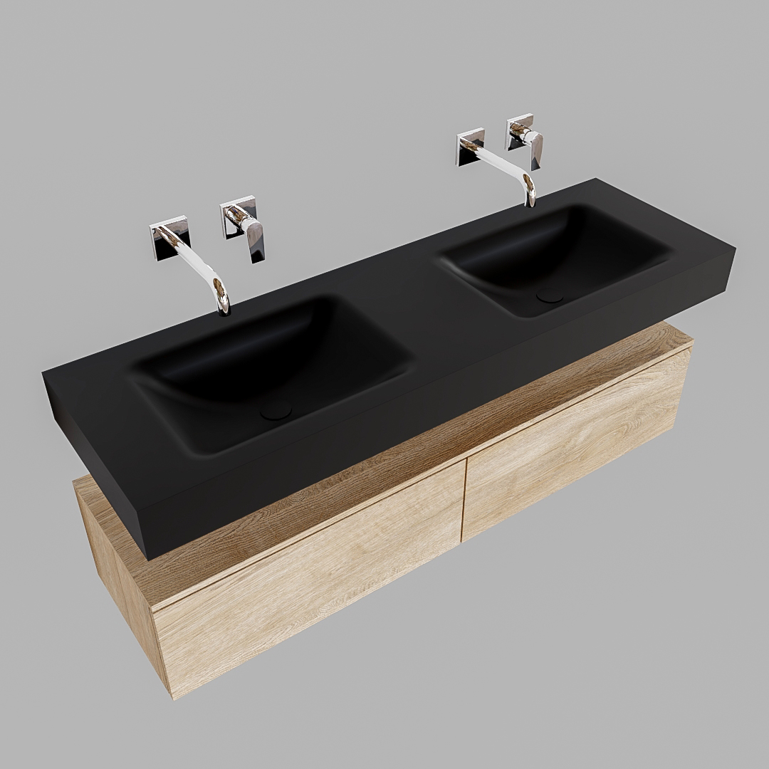 Mueble suspendido ALAN 150 cm de 2 cajones roble lavabo. Encimera con lavabo CLOUD doble sin orificio urban - Imagen 9