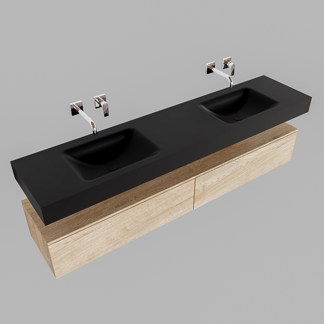 Mueble suspendido ALAN 200 cm de 2 cajones roble lavabo. Encimera con lavabo CLOUD doble sin orificio urban - Imagen 8