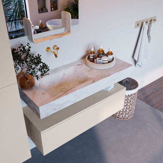 MONDIAZ ALAN-DLUX 110cm mueble de baño Linen 1 cajón. Lavabo CLOUD Izquierda sin orificios color Frappe.