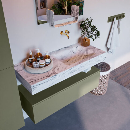 MONDIAZ ALAN-DLUX 110cm mueble de baño Army 1 cajón. Lavabo CLOUD Derecho sin orificios color Glace.