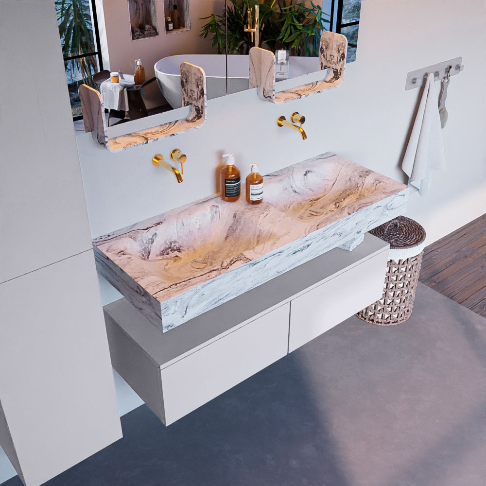 MONDIAZ ALAN-DLUX 120cm mueble de baño Cale 2 cajones. Lavabo CLOUD Doble sin orificios color Glace. 1 MONDIAZ ALAN-DLUX 120cm mueble de baño Cale 2 cajones. Lavabo CLOUD Doble sin orificios color Glace.